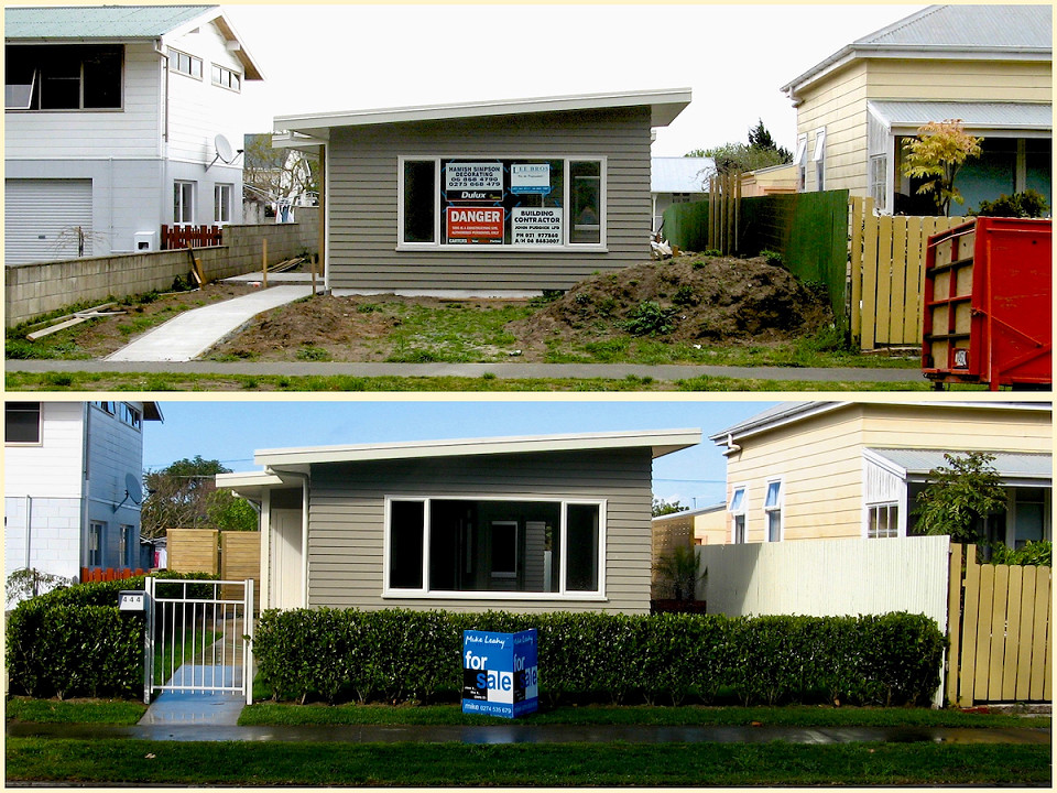 Before and after views of a new home’s unfinished frontage and the same frontage five weeks later with a fully formed hedge.